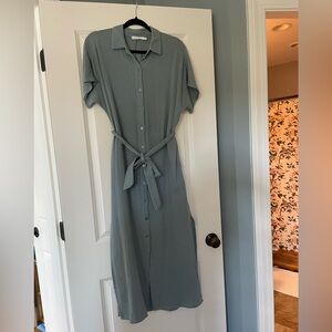 Blue muslin dress 100% cotton button down with tie at waist